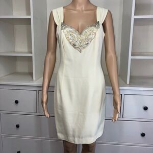 Vintage 80s Women's Cream Heart Embellished Sheath Dress Size 8